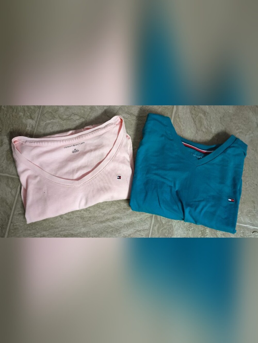 2 small Tommy Hilfiger V-Neck Tees - Light Pink & Teal Blue